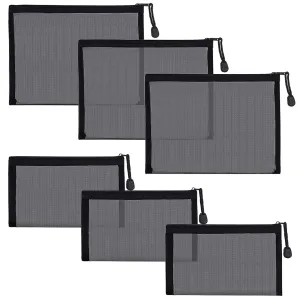 6 Pack Mesh Cosmetic Bags, Nylon Makeup Pouches with Zipper for Home Office Purse Diaper Bag (Black)
