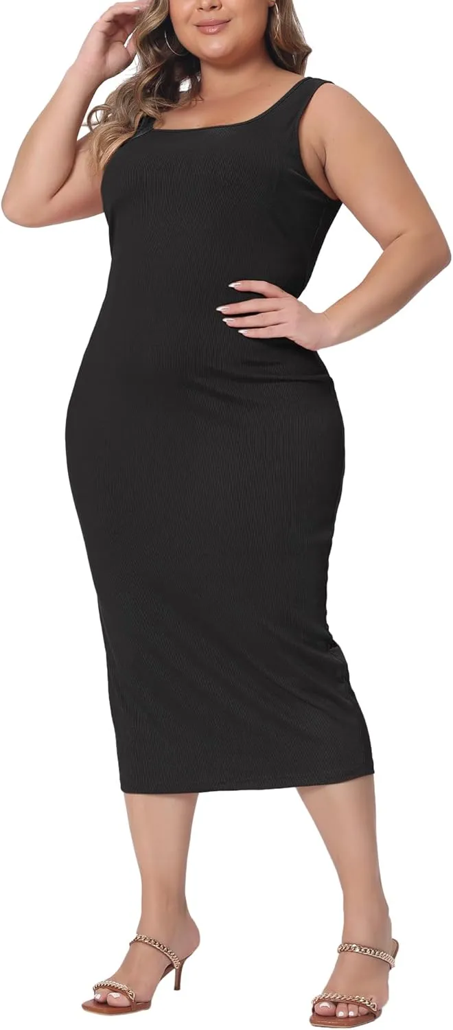 Agnes Orinda Plus Size Dress for Women Sleeveless Square Neck Bodycon Sundress Midi Tank Dress
