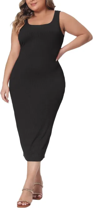 Agnes Orinda Plus Size Dress for Women Sleeveless Square Neck Bodycon Sundress Midi Tank Dress