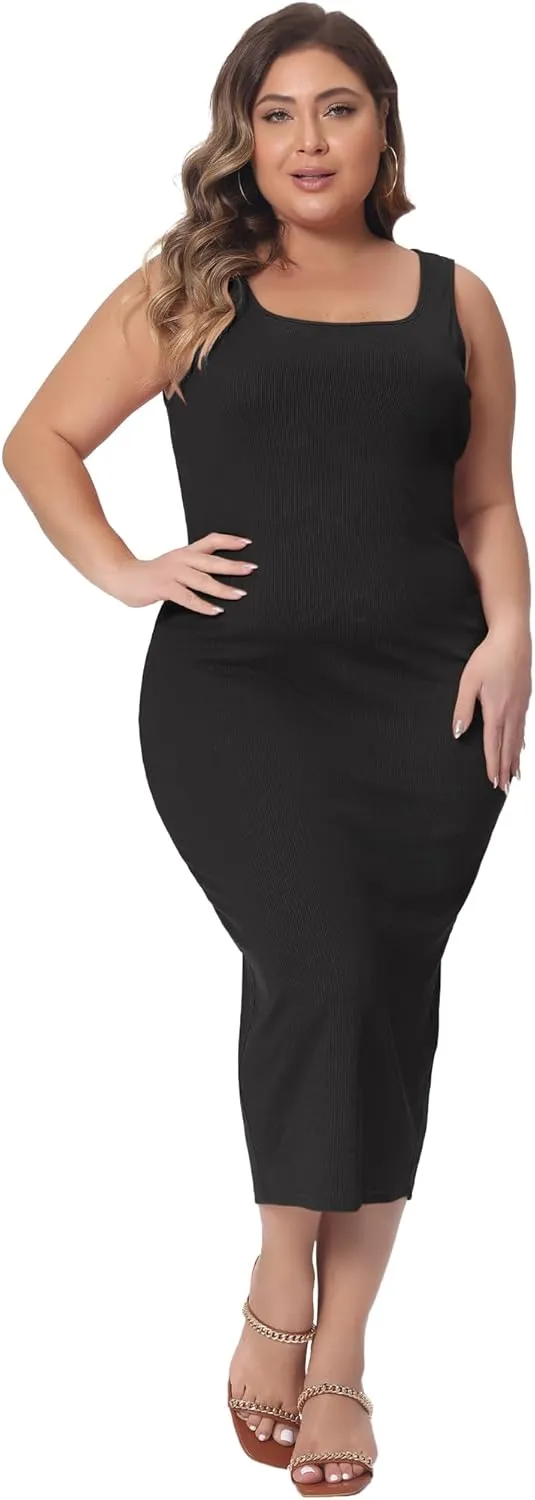 Agnes Orinda Plus Size Dress for Women Sleeveless Square Neck Bodycon Sundress Midi Tank Dress