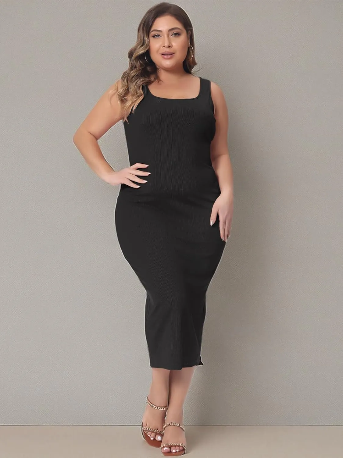Agnes Orinda Plus Size Dress for Women Sleeveless Square Neck Bodycon Sundress Midi Tank Dress