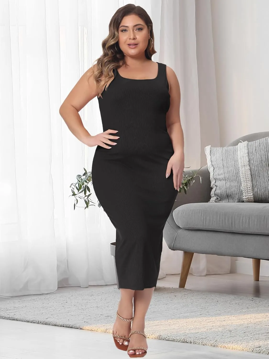 Agnes Orinda Plus Size Dress for Women Sleeveless Square Neck Bodycon Sundress Midi Tank Dress