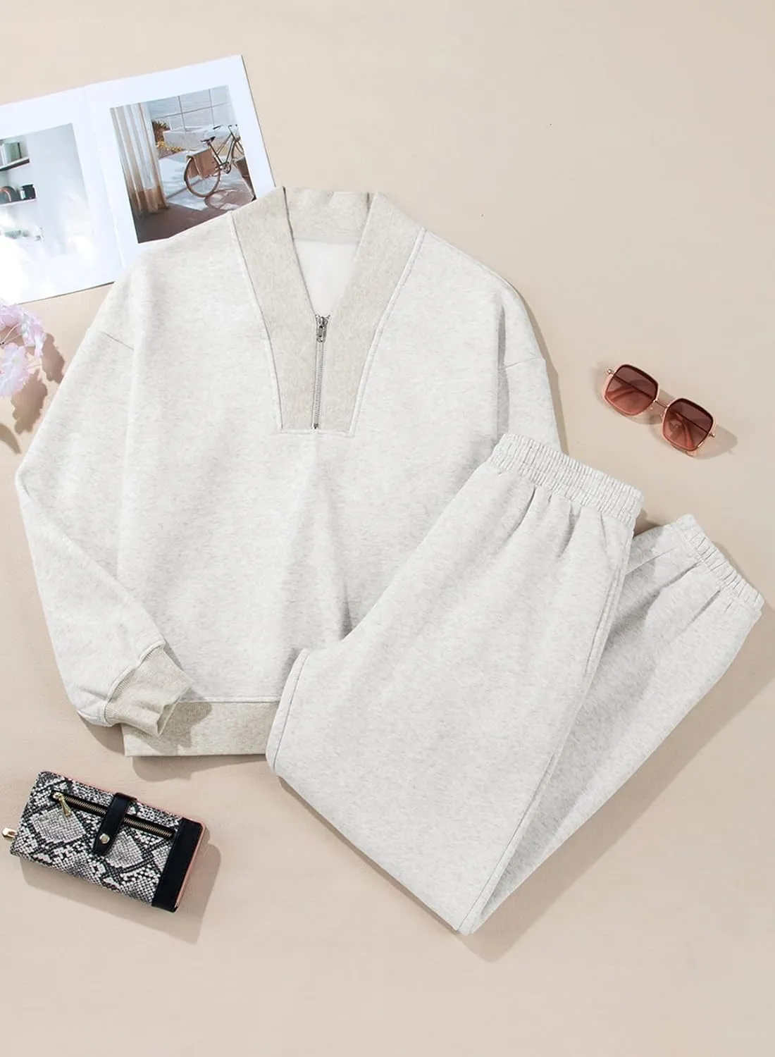 Aleumdr Women's 2 Piece Outfits Oversized Sweatsuit Long Sleeve Pullover Half Zipper Sweatshirt with Jogger Pants