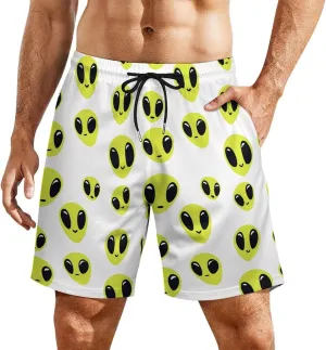 Aliens Pattern Casual Beach Shorts for Men Elastic Waist Drawstring Swim Shorts With Compression Liner