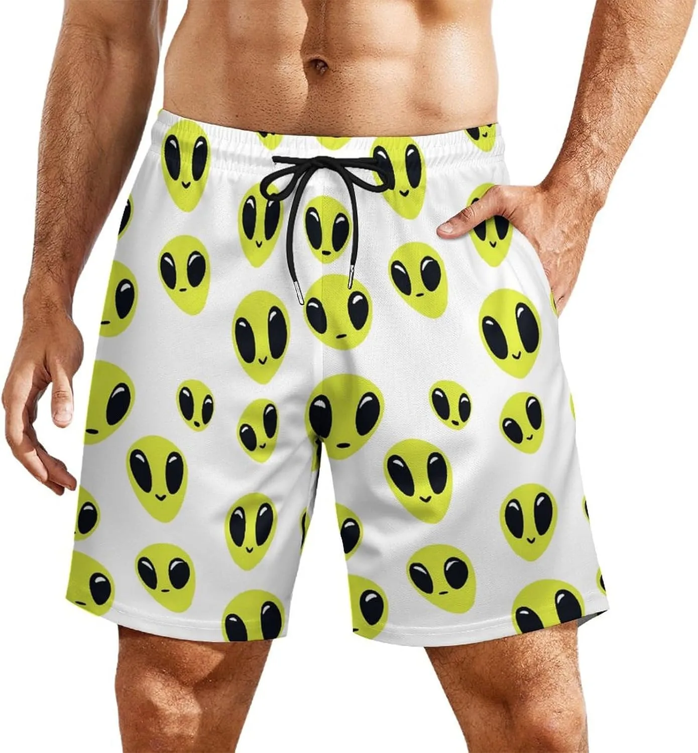 Aliens Pattern Casual Beach Shorts for Men Elastic Waist Drawstring Swim Shorts With Compression Liner