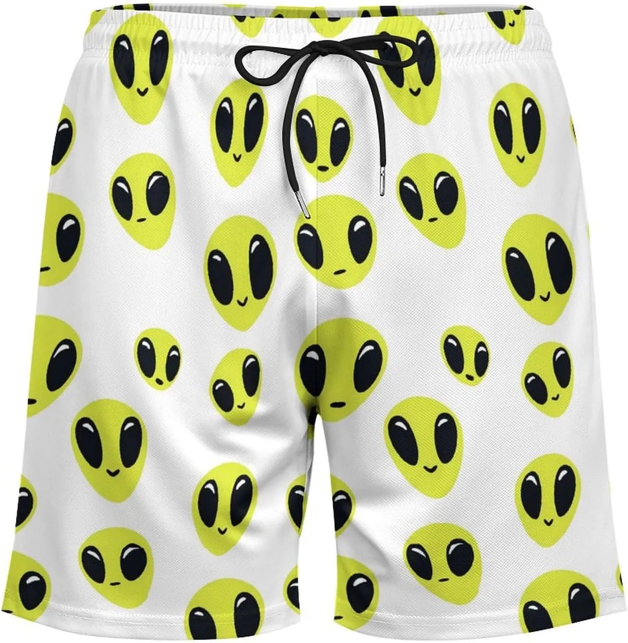 Aliens Pattern Casual Beach Shorts for Men Elastic Waist Drawstring Swim Shorts With Compression Liner