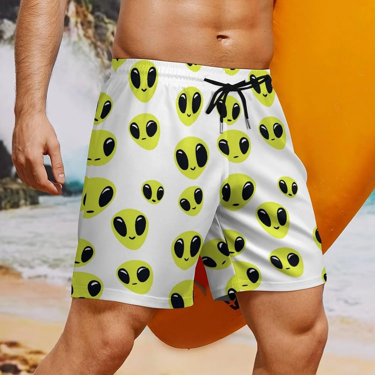 Aliens Pattern Casual Beach Shorts for Men Elastic Waist Drawstring Swim Shorts With Compression Liner