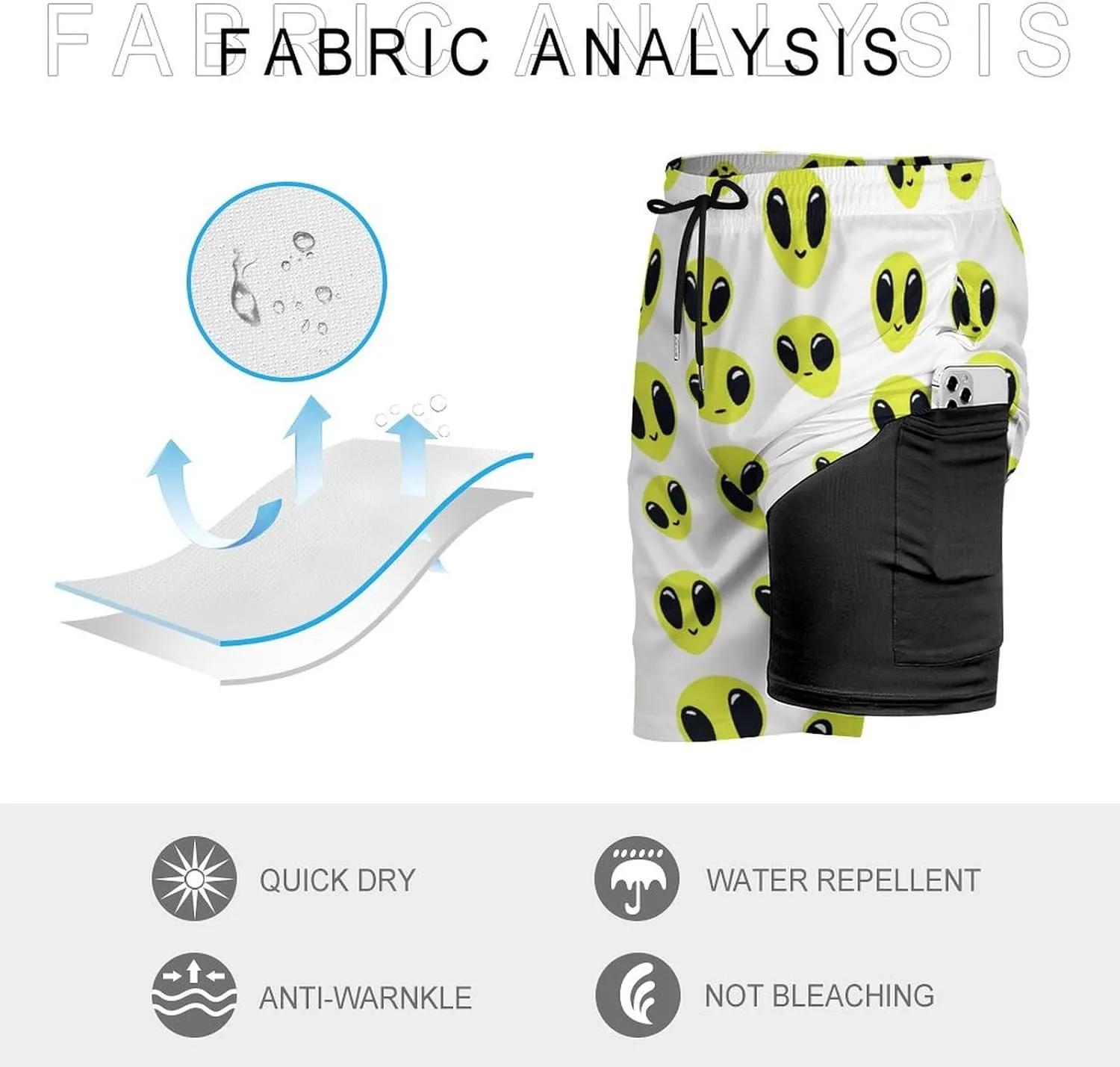 Aliens Pattern Casual Beach Shorts for Men Elastic Waist Drawstring Swim Shorts With Compression Liner
