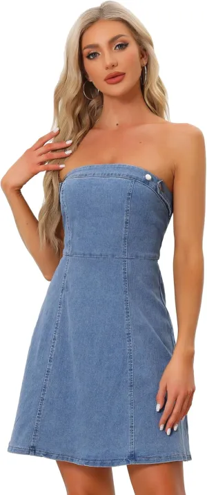 Allegra K Women's Strapless Jean Dresses Sexy Sleeveless One Piece Outfits Denim Dress