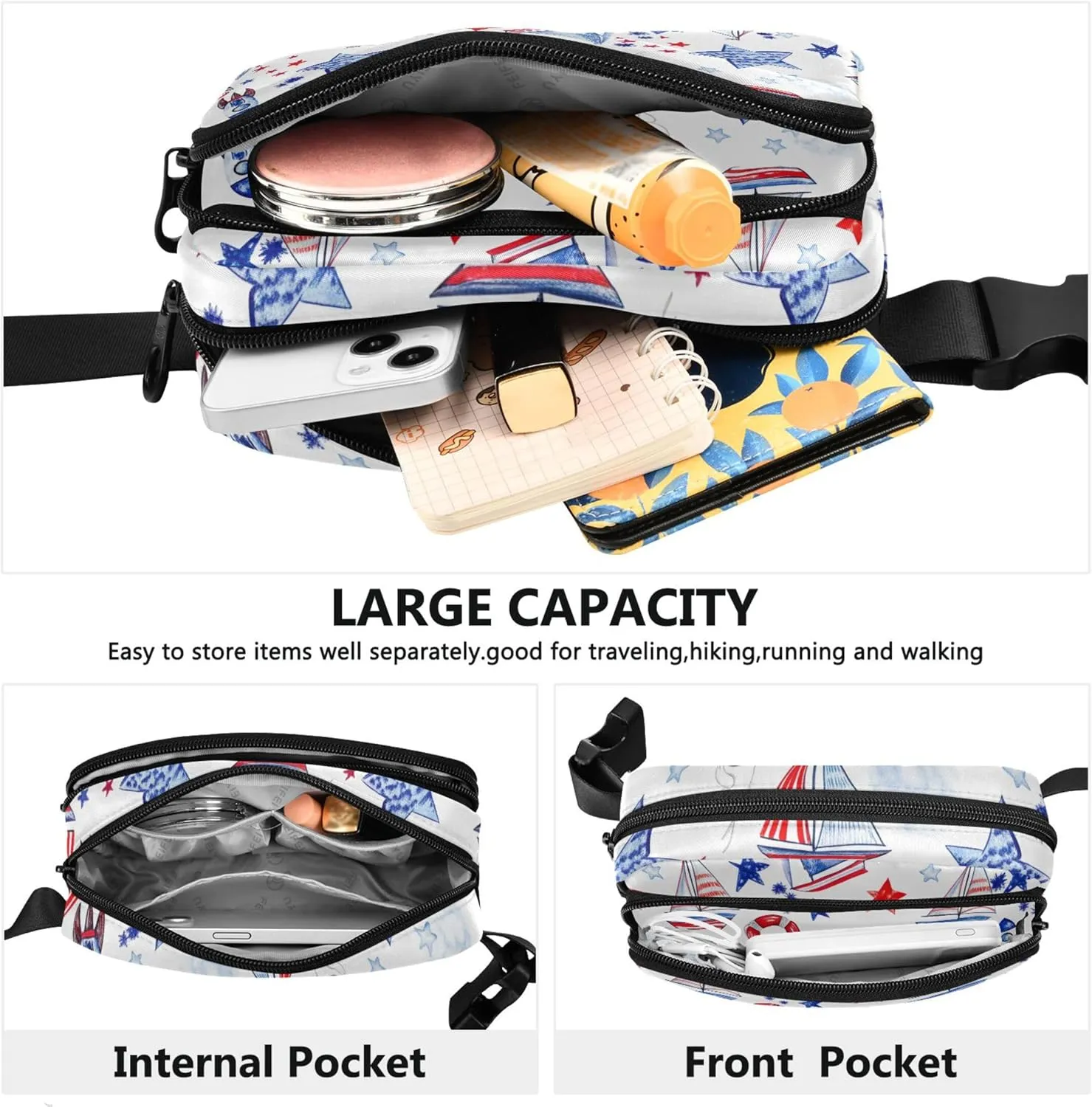 American Flag Ship Women Fanny Packs Waterproof Hip Pouch Belt Bag Trendy Waist Pouches for Men