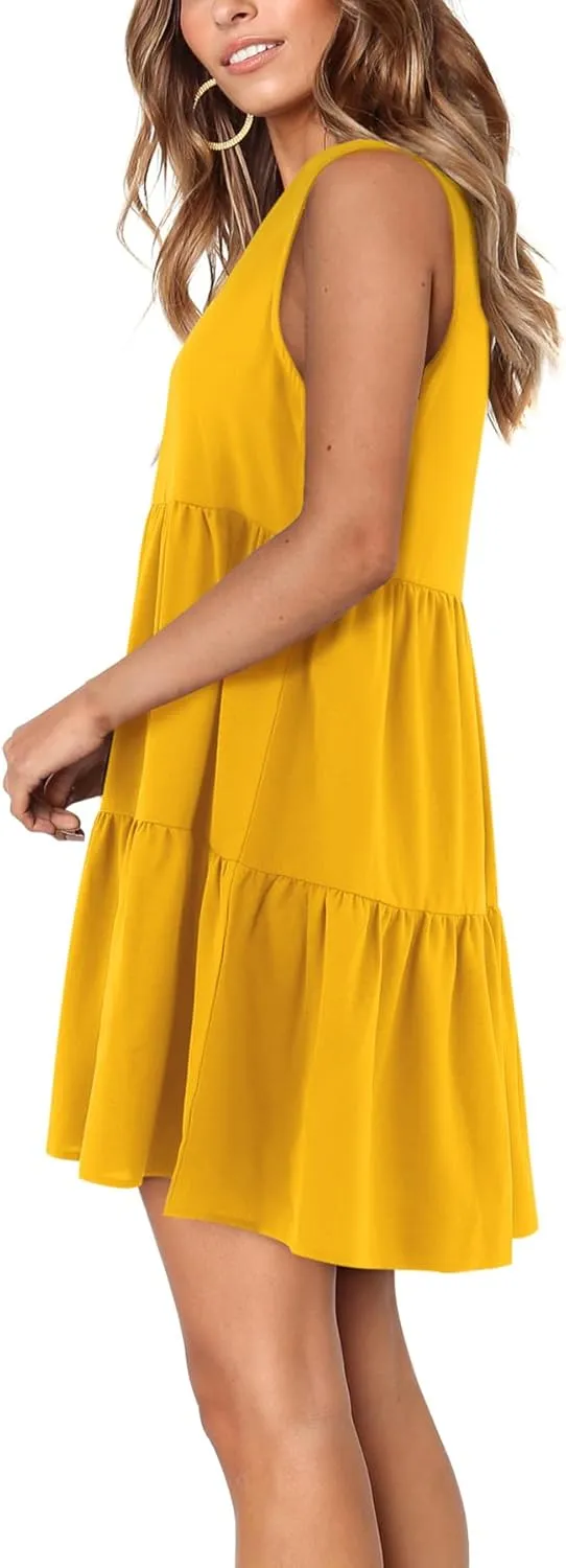 Amoretu Women Summer Tunic Dress Sleeveless V Neck Casual Loose Flowy Swing Tank Dresses