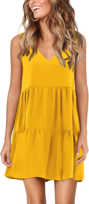 Amoretu Women Summer Tunic Dress Sleeveless V Neck Casual Loose Flowy Swing Tank Dresses