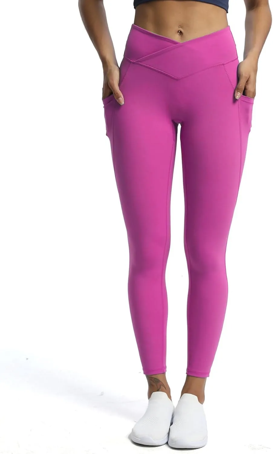 Aoxjox Trinity High Waisted Yoga Pants with Pockets for Women Tummy Control Cross-Waist Buttery Soft Workout Leggings 26"