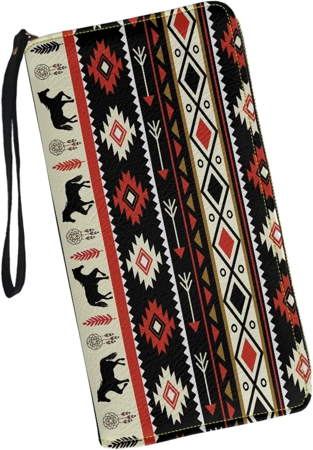 Aztec Card Holder Western Horse Wallets Women's Long Slim Wristlet Handbags Leather Zip Around Coin Purse Pouches