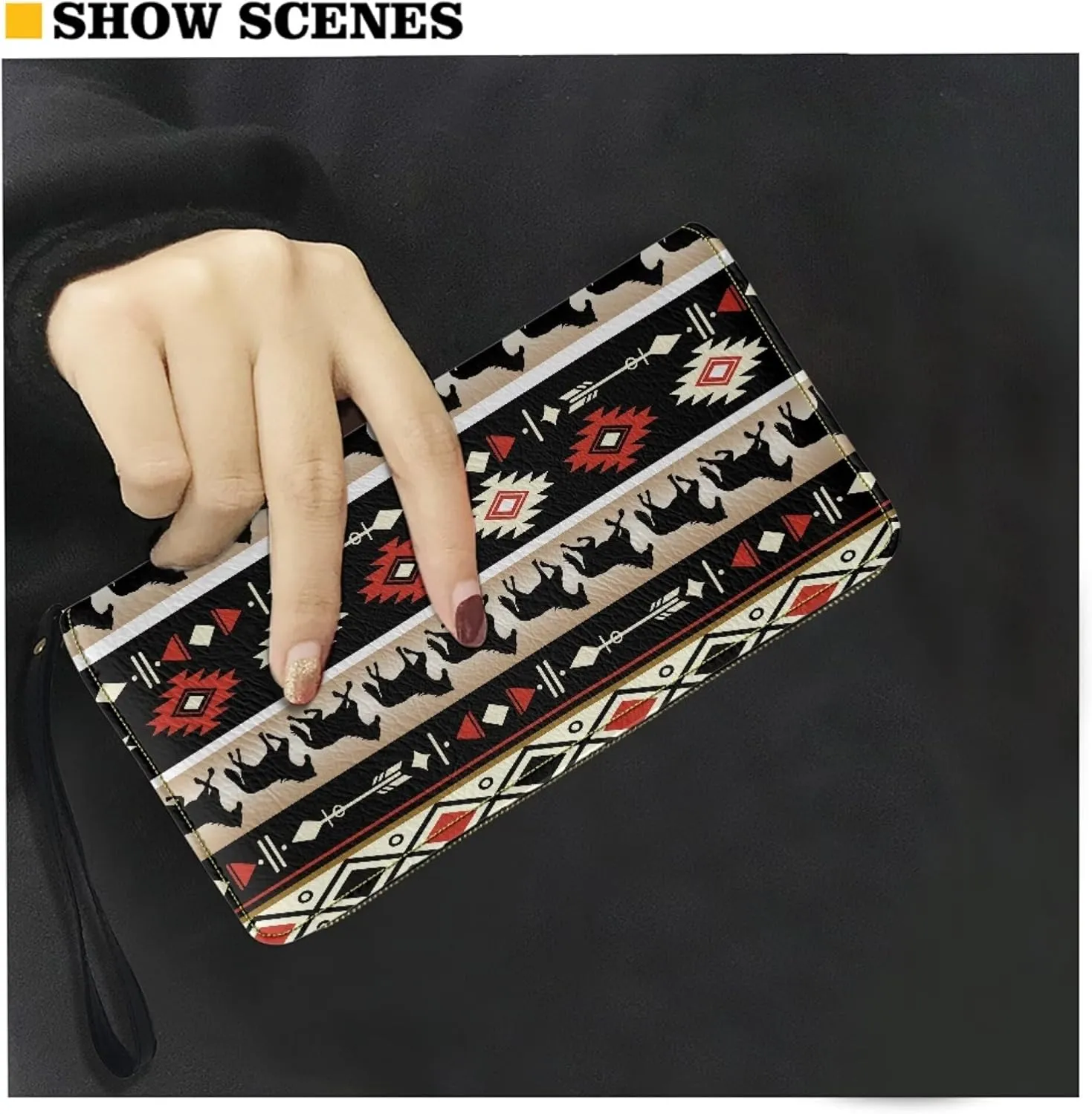 Aztec Card Holder Western Horse Wallets Women's Long Slim Wristlet Handbags Leather Zip Around Coin Purse Pouches