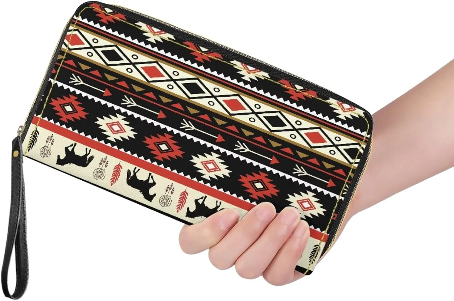 Aztec Card Holder Western Horse Wallets Women's Long Slim Wristlet Handbags Leather Zip Around Coin Purse Pouches