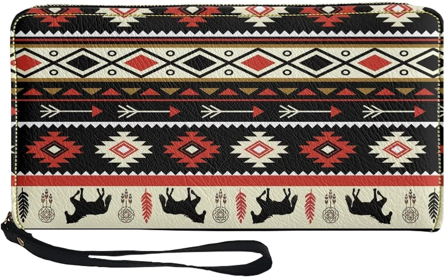 Aztec Card Holder Western Horse Wallets Women's Long Slim Wristlet Handbags Leather Zip Around Coin Purse Pouches