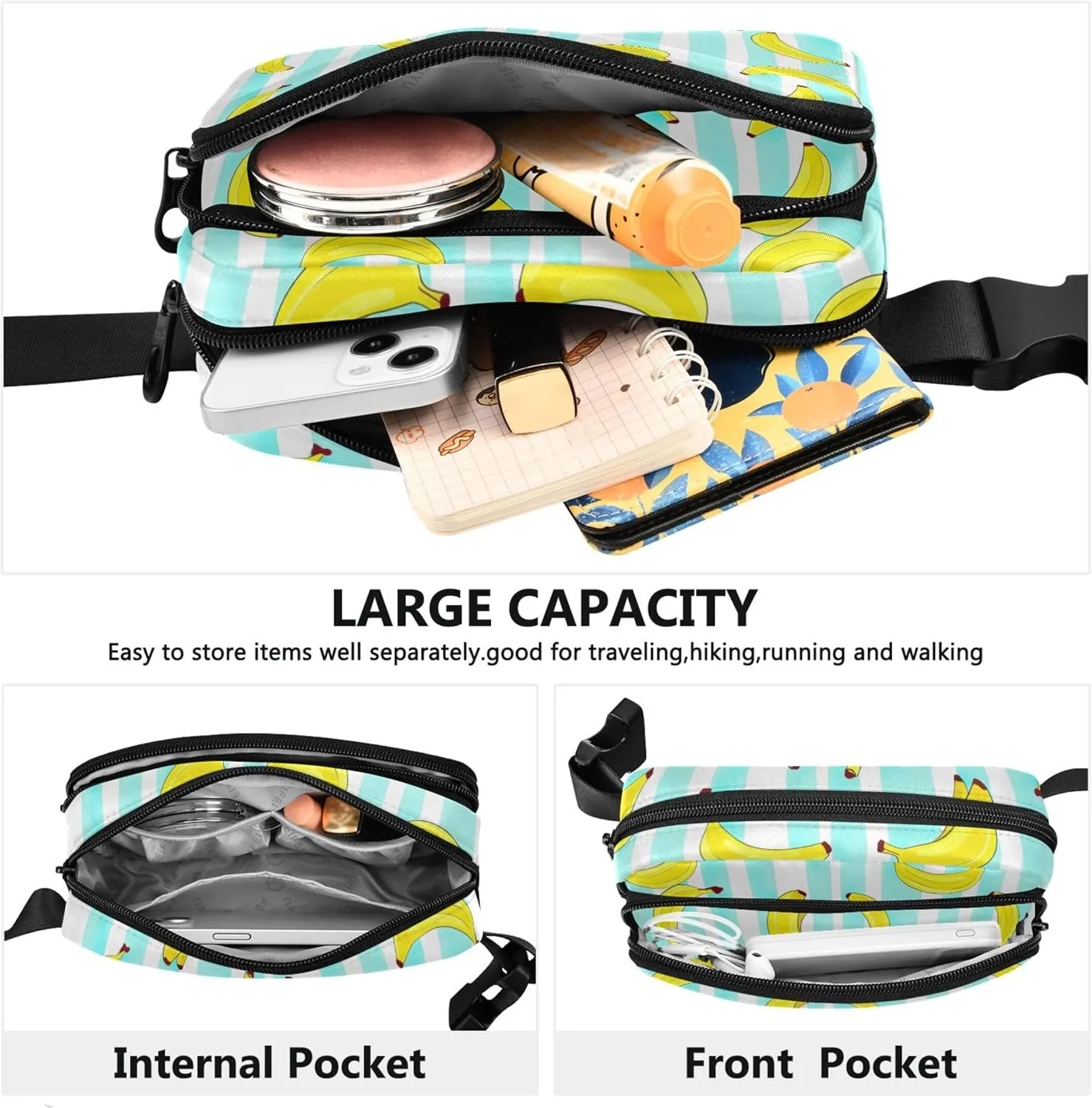 Banana White Stripes Fanny Packs Women Waterproof Belt Bag Hip Pouch Festival Waist Pouches for Men