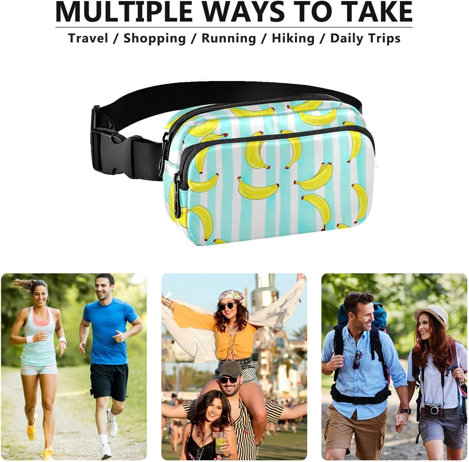 Banana White Stripes Fanny Packs Women Waterproof Belt Bag Hip Pouch Festival Waist Pouches for Men