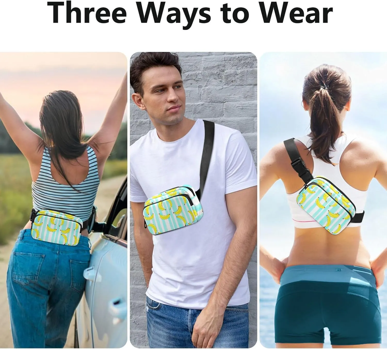 Banana White Stripes Fanny Packs Women Waterproof Belt Bag Hip Pouch Festival Waist Pouches for Men