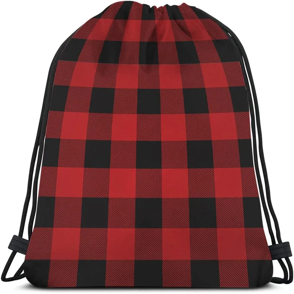 Black And Red Buffalo Drawstring Bags Backpack Bag Plaid Classic Pattern Tartan Art Stripes Sport Gym Sack Drawstring Bag String Bag Yoga Bag for Men Women