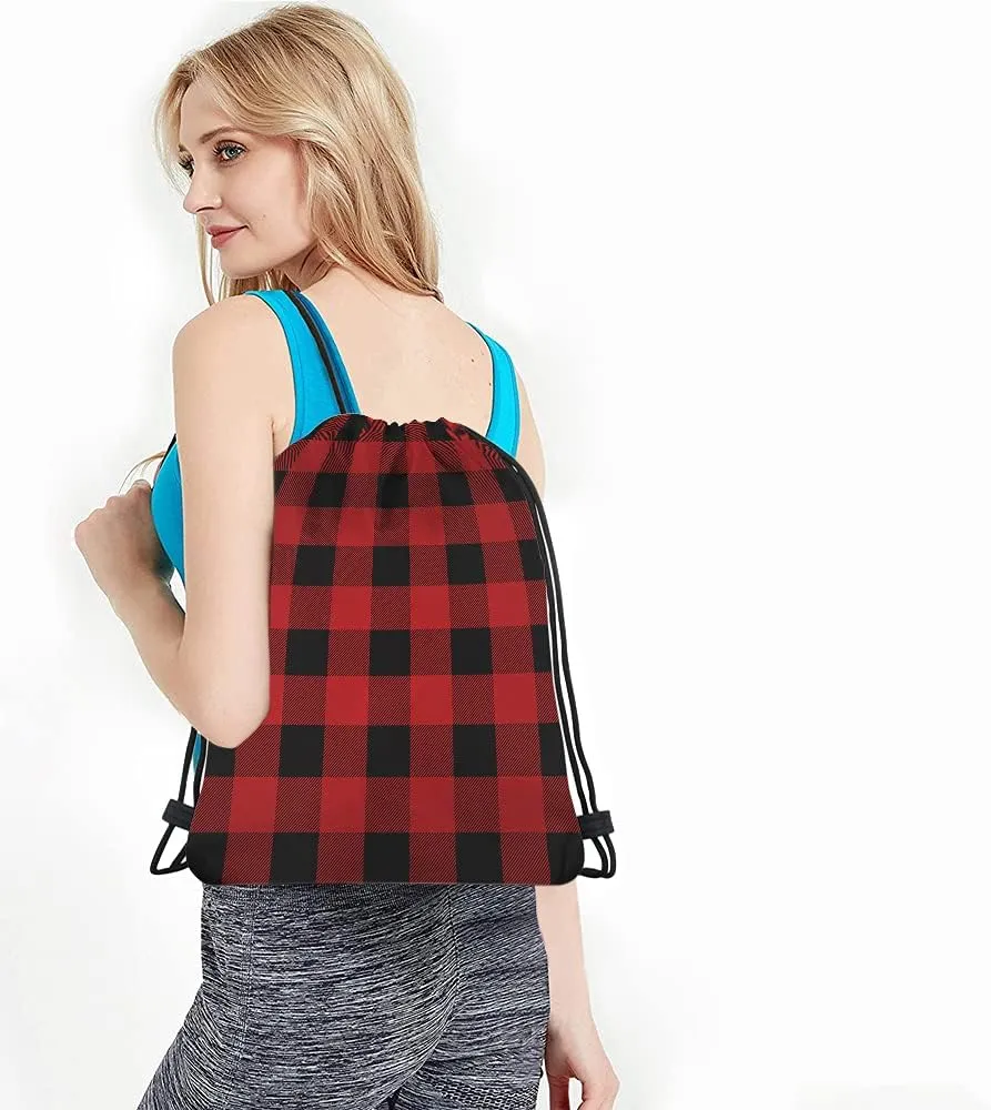 Black And Red Buffalo Drawstring Bags Backpack Bag Plaid Classic Pattern Tartan Art Stripes Sport Gym Sack Drawstring Bag String Bag Yoga Bag for Men Women