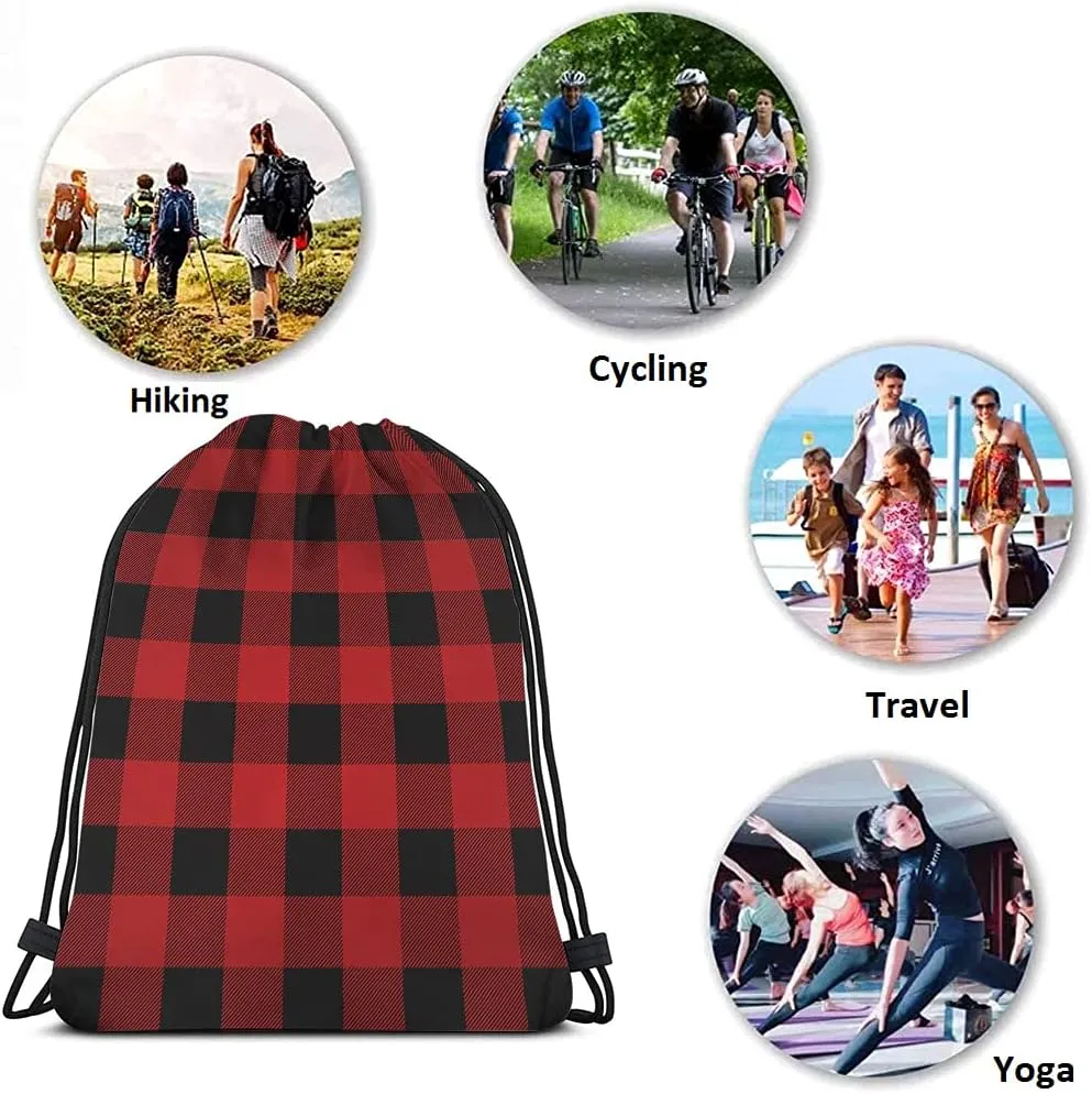 Black And Red Buffalo Drawstring Bags Backpack Bag Plaid Classic Pattern Tartan Art Stripes Sport Gym Sack Drawstring Bag String Bag Yoga Bag for Men Women