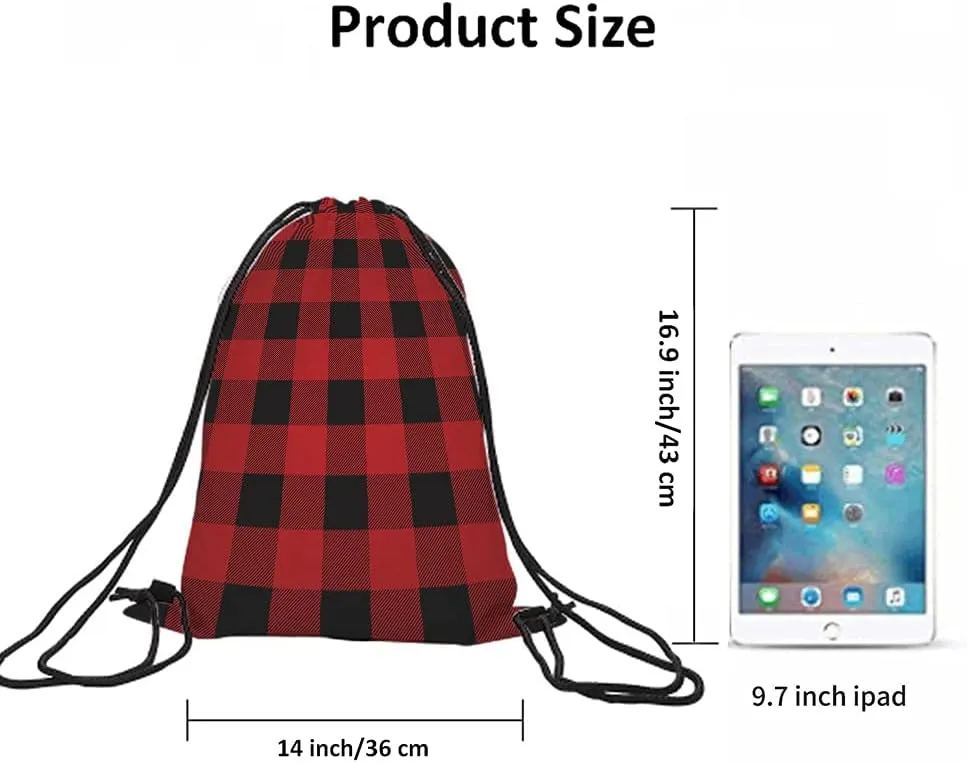 Black And Red Buffalo Drawstring Bags Backpack Bag Plaid Classic Pattern Tartan Art Stripes Sport Gym Sack Drawstring Bag String Bag Yoga Bag for Men Women