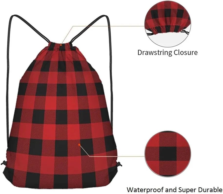Black And Red Buffalo Drawstring Bags Backpack Bag Plaid Classic Pattern Tartan Art Stripes Sport Gym Sack Drawstring Bag String Bag Yoga Bag for Men Women