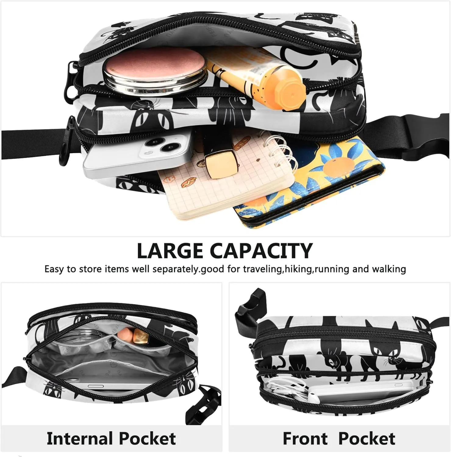 Black Cats Clipart Waterproof Fanny Pack for Women Everywhere Belt Bag Fashion Waist Pouches for Men