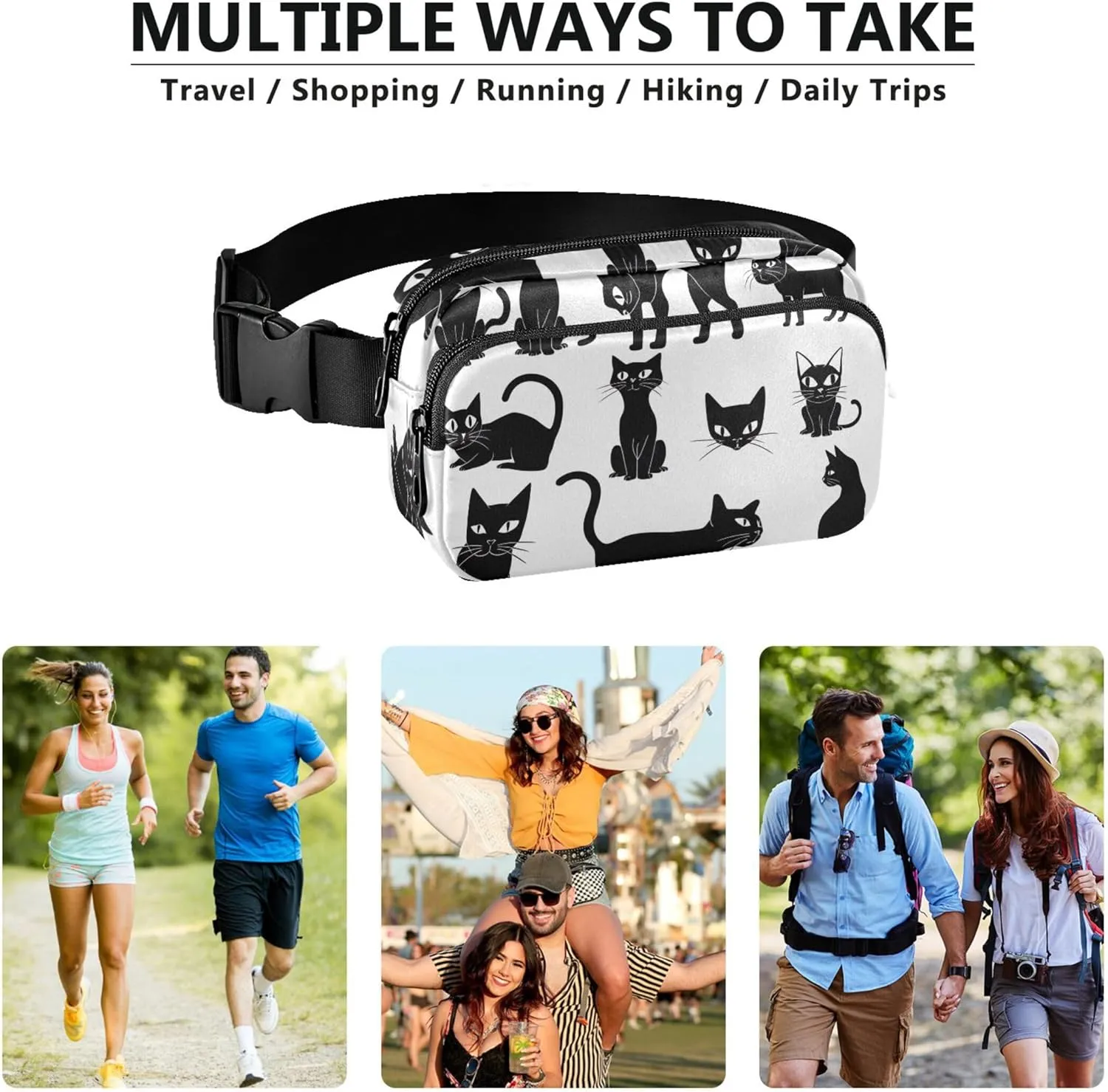 Black Cats Clipart Waterproof Fanny Pack for Women Everywhere Belt Bag Fashion Waist Pouches for Men