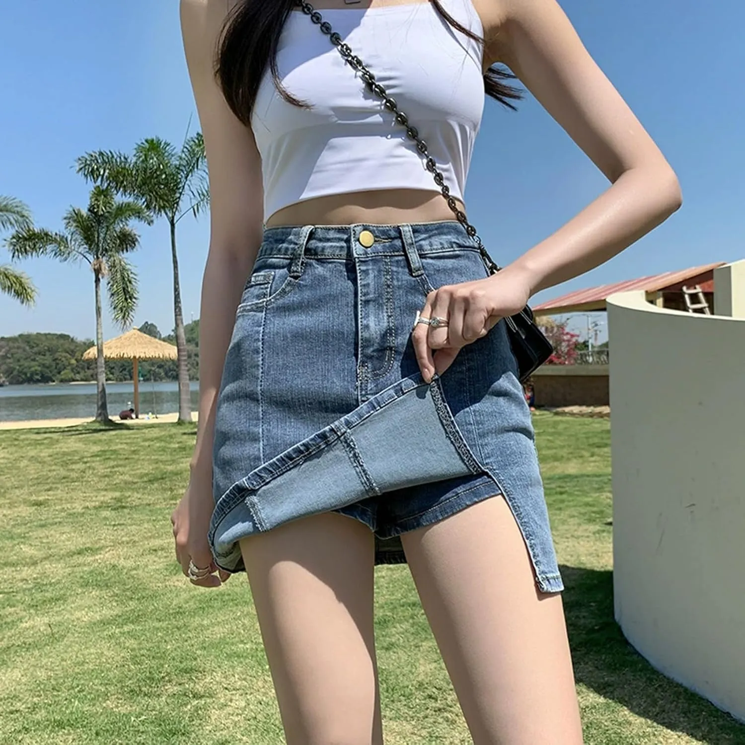 Bloomy Jean Skorts,Denim Skort for Women,Woman High Waisted Casual Stretchy Denim Skirt