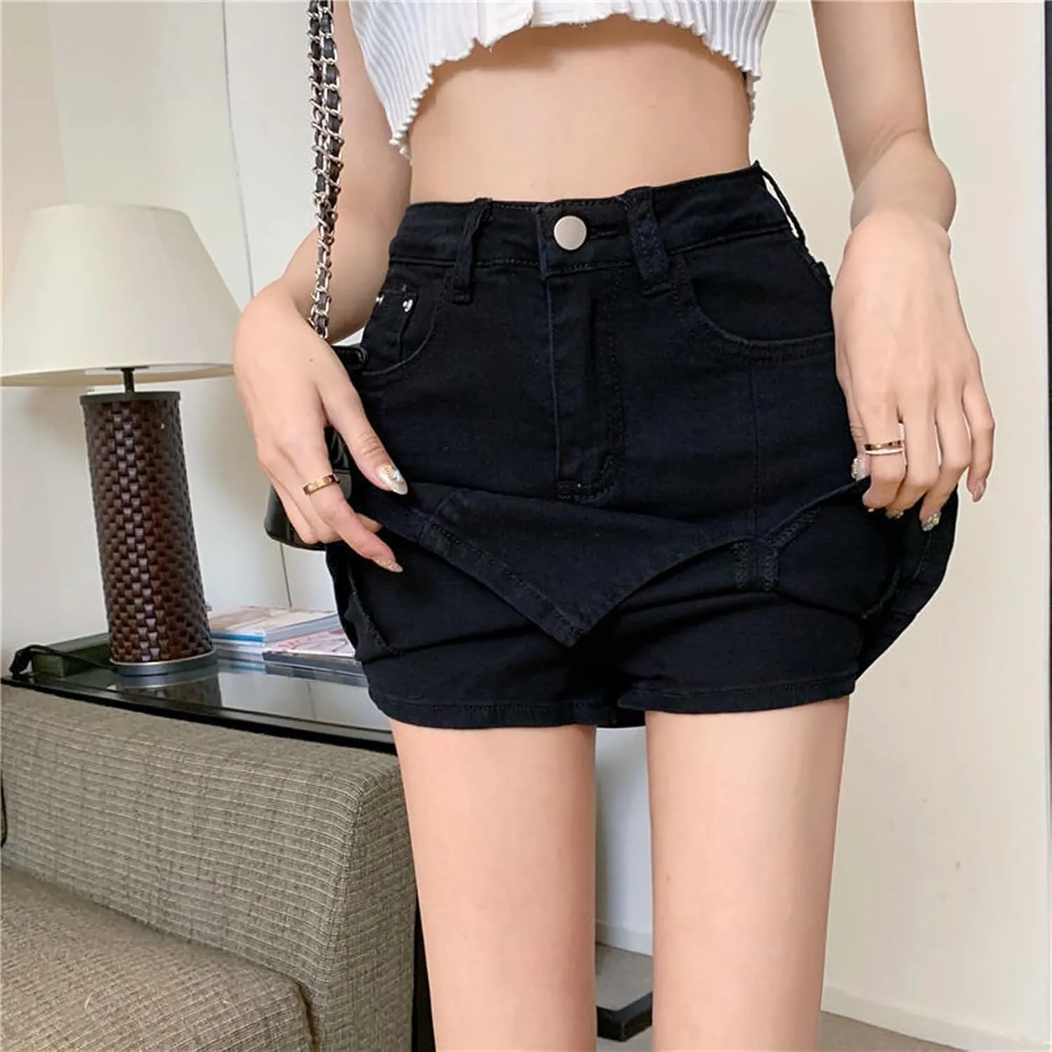 Bloomy Jean Skorts,Denim Skort for Women,Woman High Waisted Casual Stretchy Denim Skirt