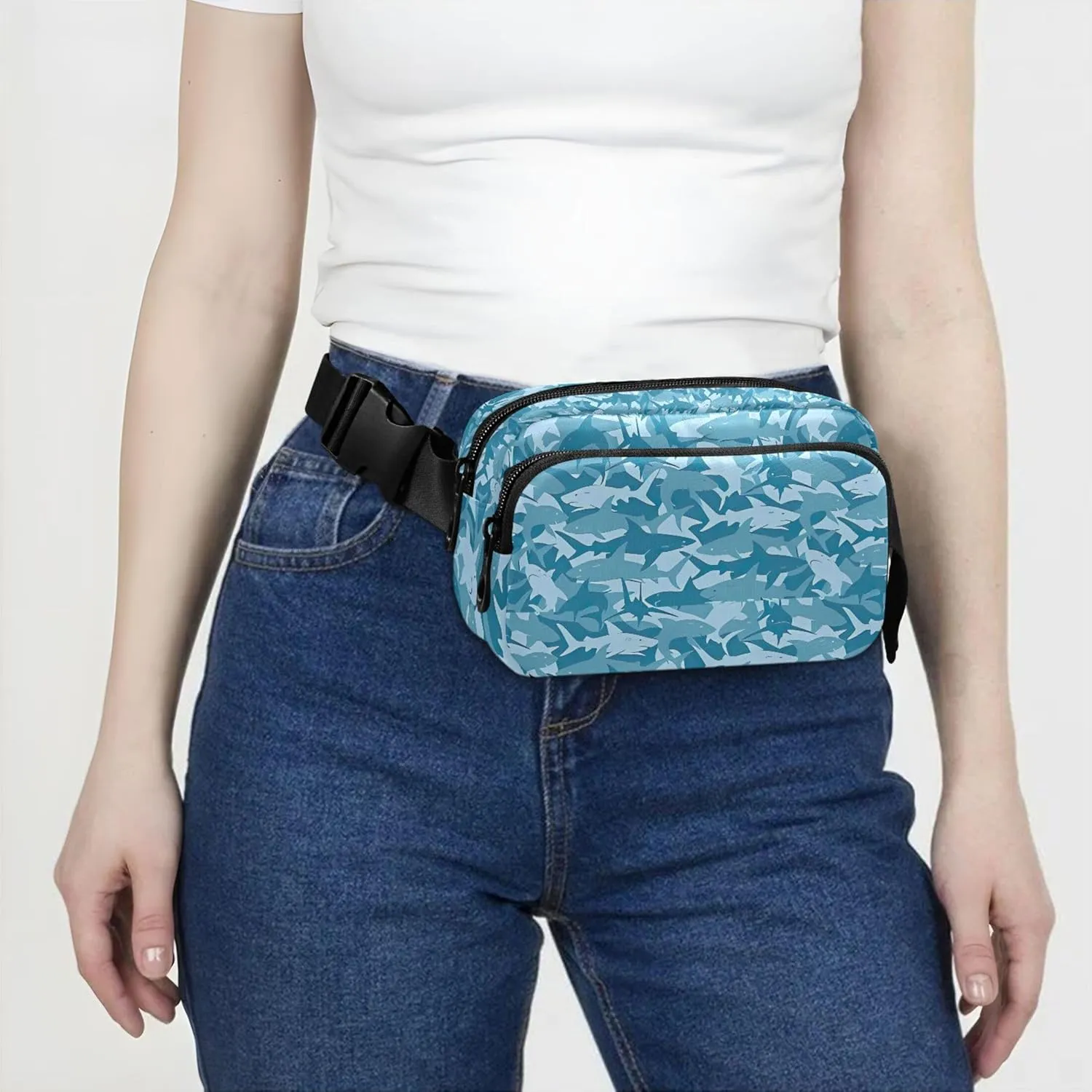 Blue Sharks Marine Fanny Packs Women Hip Pack Belt Bag Waterproof Flower Waist Pouches for Men