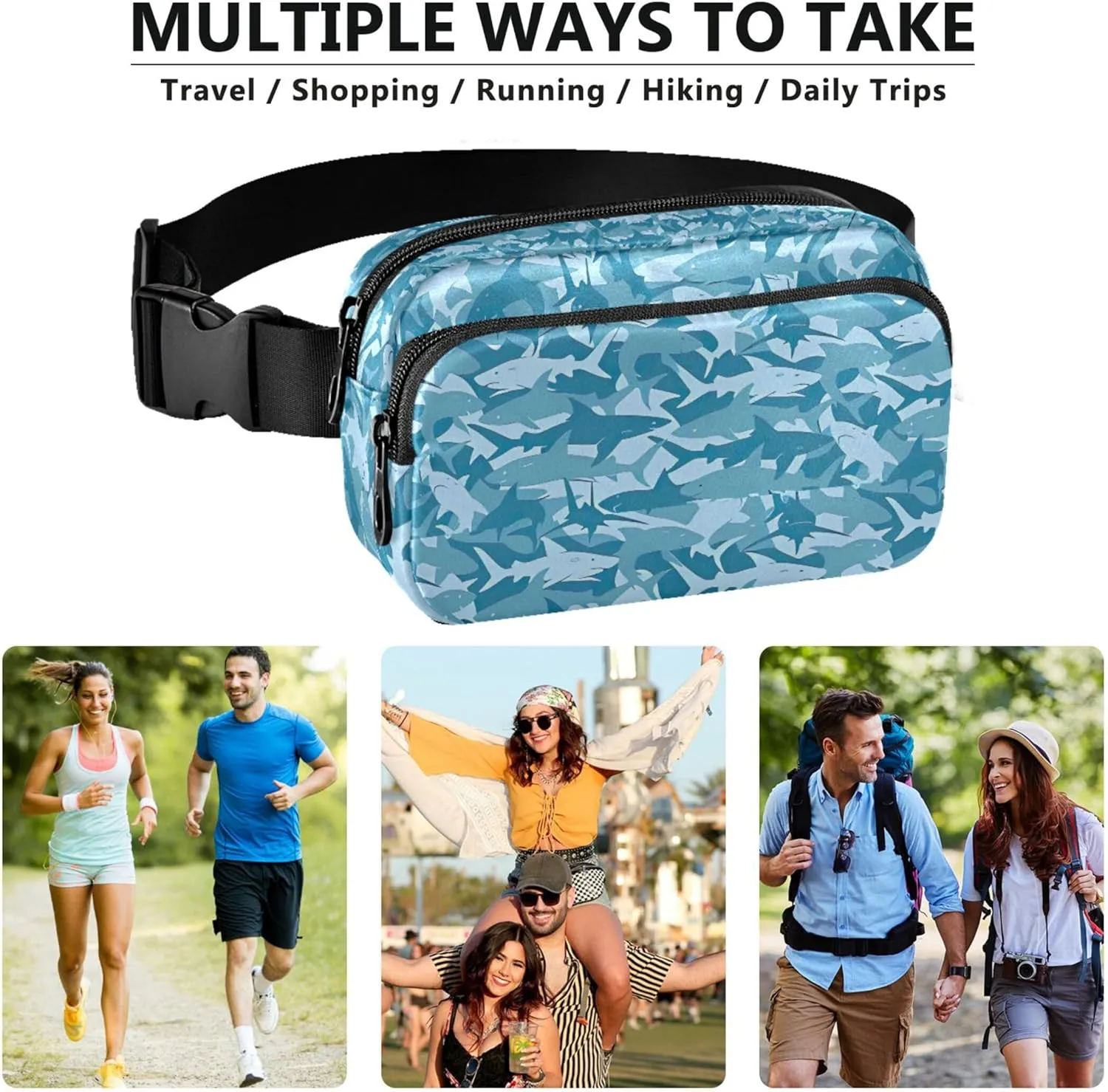 Blue Sharks Marine Fanny Packs Women Hip Pack Belt Bag Waterproof Flower Waist Pouches for Men