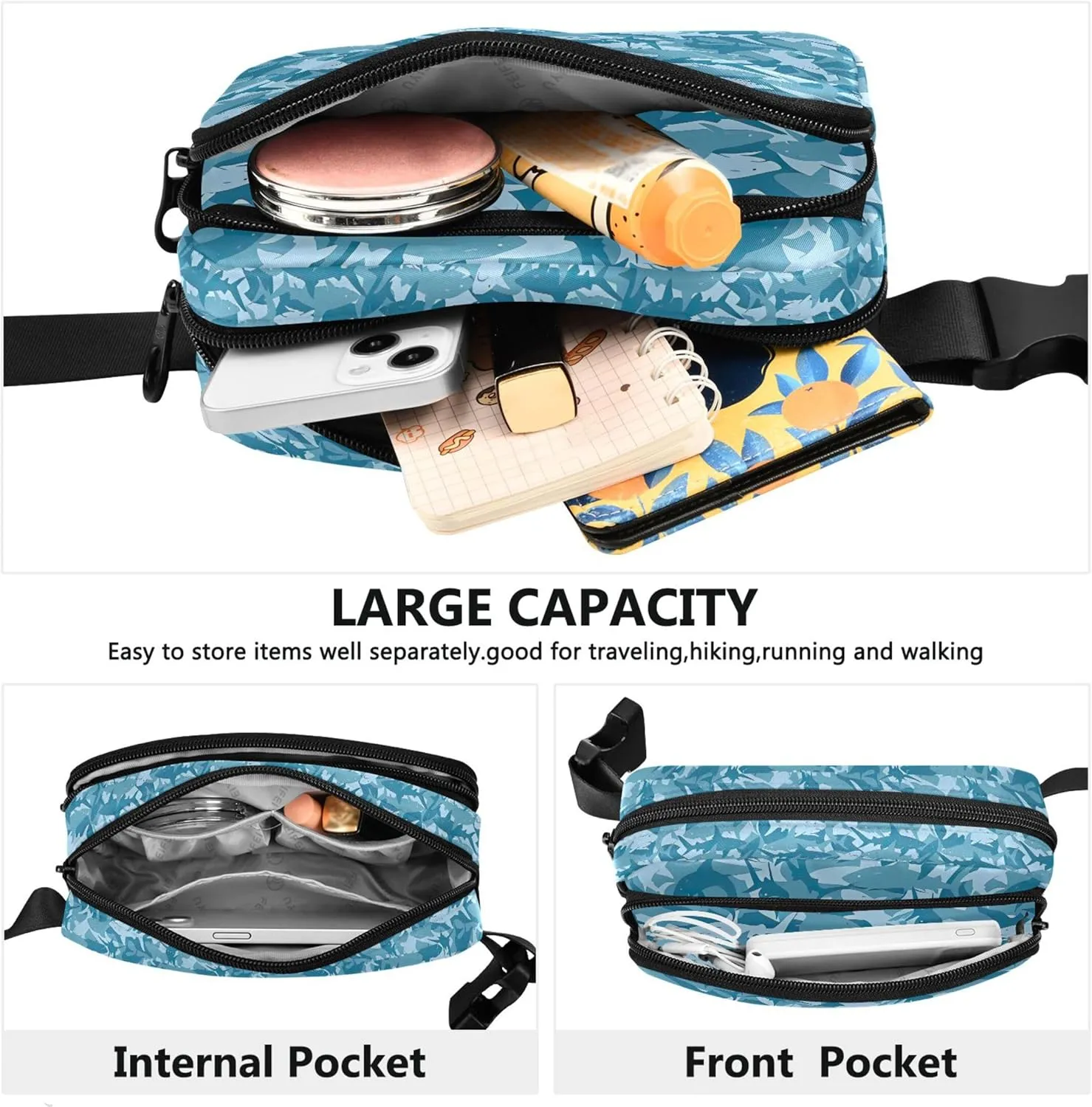 Blue Sharks Marine Fanny Packs Women Hip Pack Belt Bag Waterproof Flower Waist Pouches for Men
