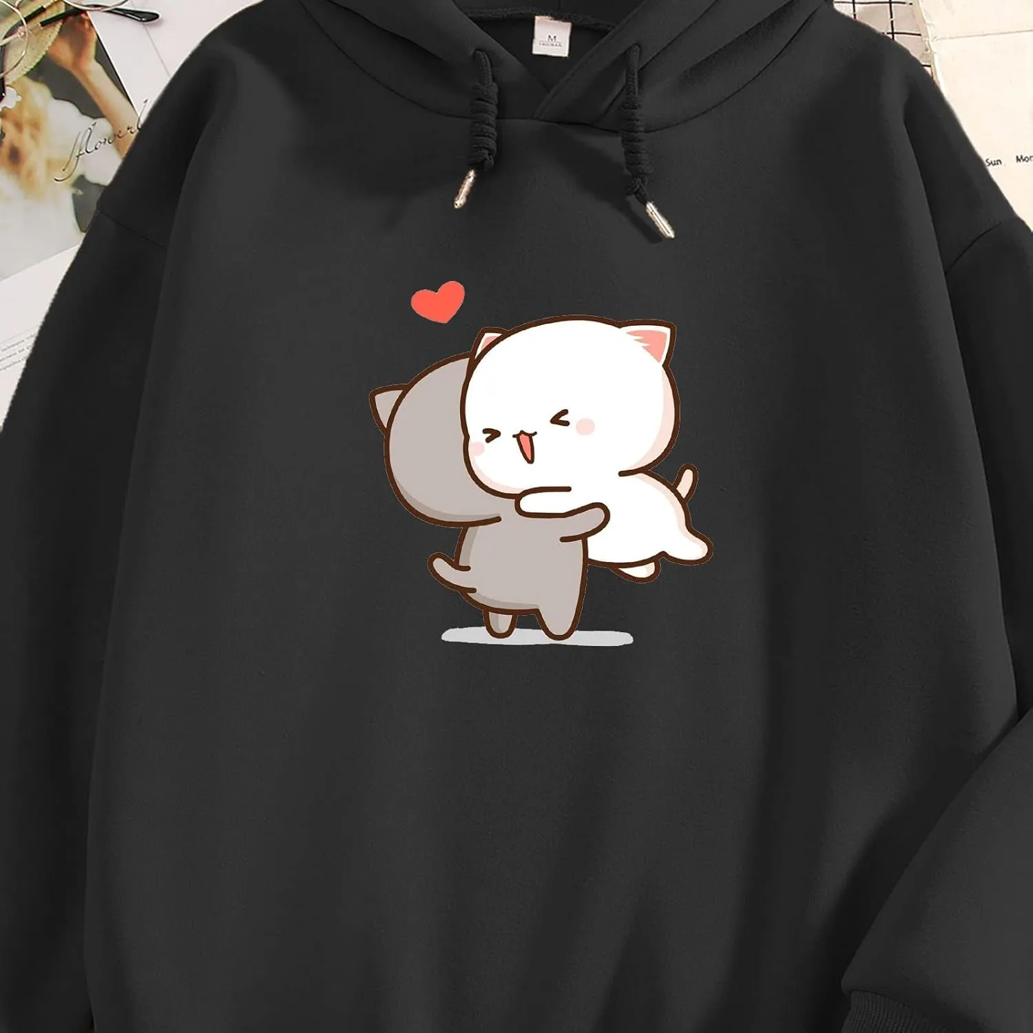 Bobeutou Cute Cartoon Cat Hoodie for Teen Girls Kawaii Graphic Oversized Aesthetic Fleece Preppy Sweatshirts Women Pullover