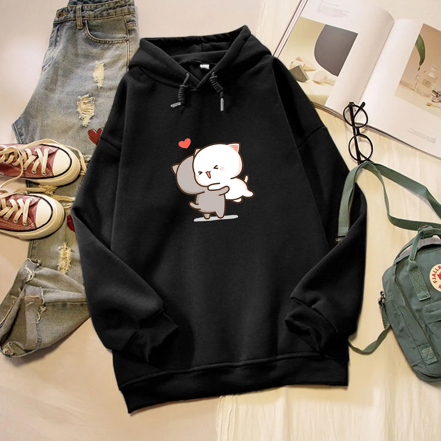 Bobeutou Cute Cartoon Cat Hoodie for Teen Girls Kawaii Graphic Oversized Aesthetic Fleece Preppy Sweatshirts Women Pullover