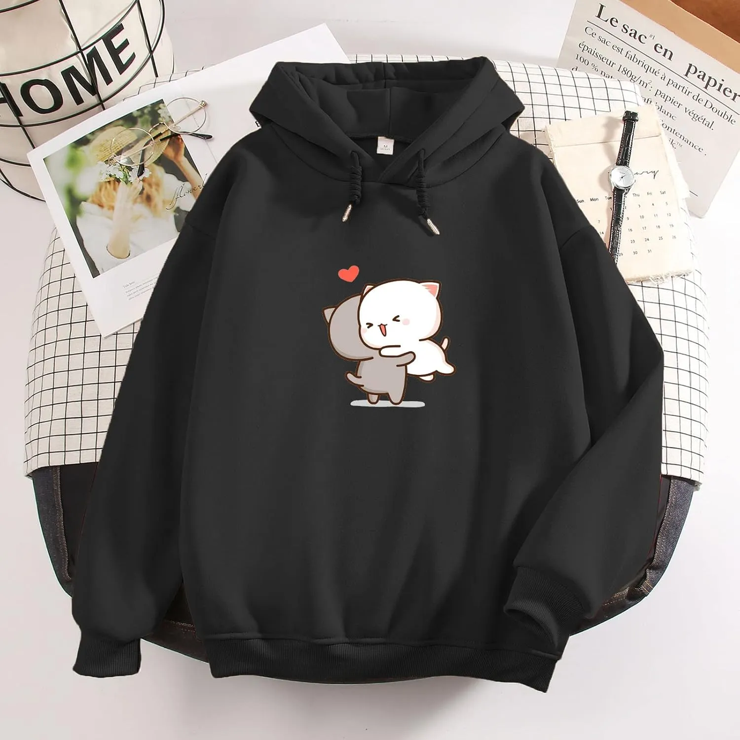 Bobeutou Cute Cartoon Cat Hoodie for Teen Girls Kawaii Graphic Oversized Aesthetic Fleece Preppy Sweatshirts Women Pullover