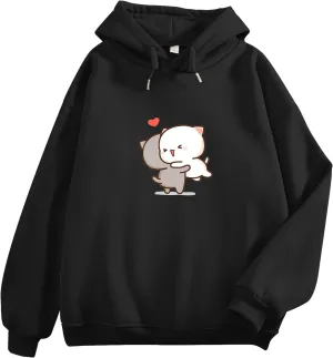 Bobeutou Cute Cartoon Cat Hoodie for Teen Girls Kawaii Graphic Oversized Aesthetic Fleece Preppy Sweatshirts Women Pullover