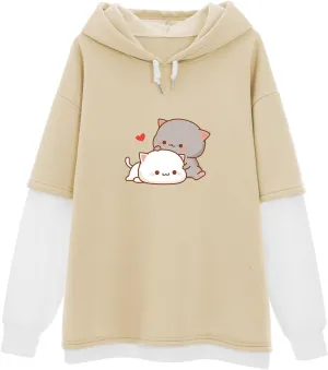 Bubeutou Women Cute Cat Graphic Hoodies for Teen Girls Color Block Kawaii Aesthetic Sweatshirt Cartoon Patchwork Pullover Top
