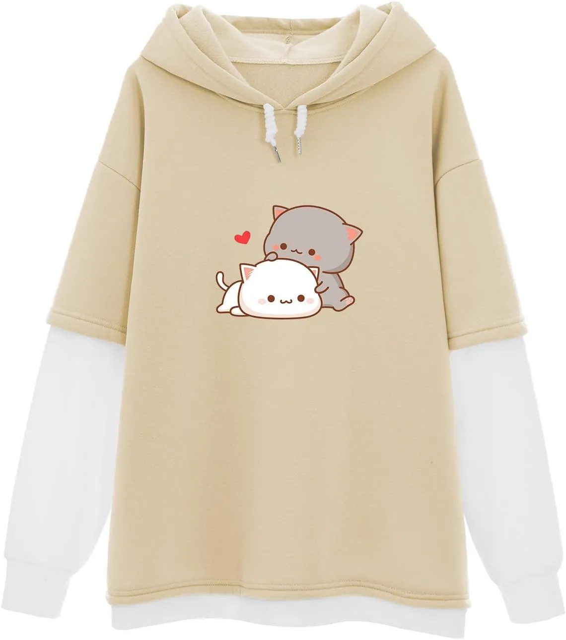 Bubeutou Women Cute Cat Graphic Hoodies for Teen Girls Color Block Kawaii Aesthetic Sweatshirt Cartoon Patchwork Pullover Top
