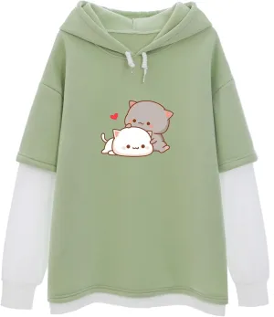 Bubeutou Women Cute Cat Graphic Hoodies for Teen Girls Color Block Kawaii Aesthetic Sweatshirt Cartoon Patchwork Pullover Top