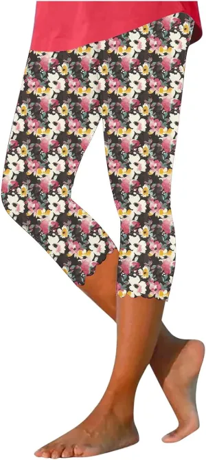 Capri Leggings for Women Floral Print High Waist Capris Pants Tummy Control Knee Length Slim Fit Yoga Trouser 2025