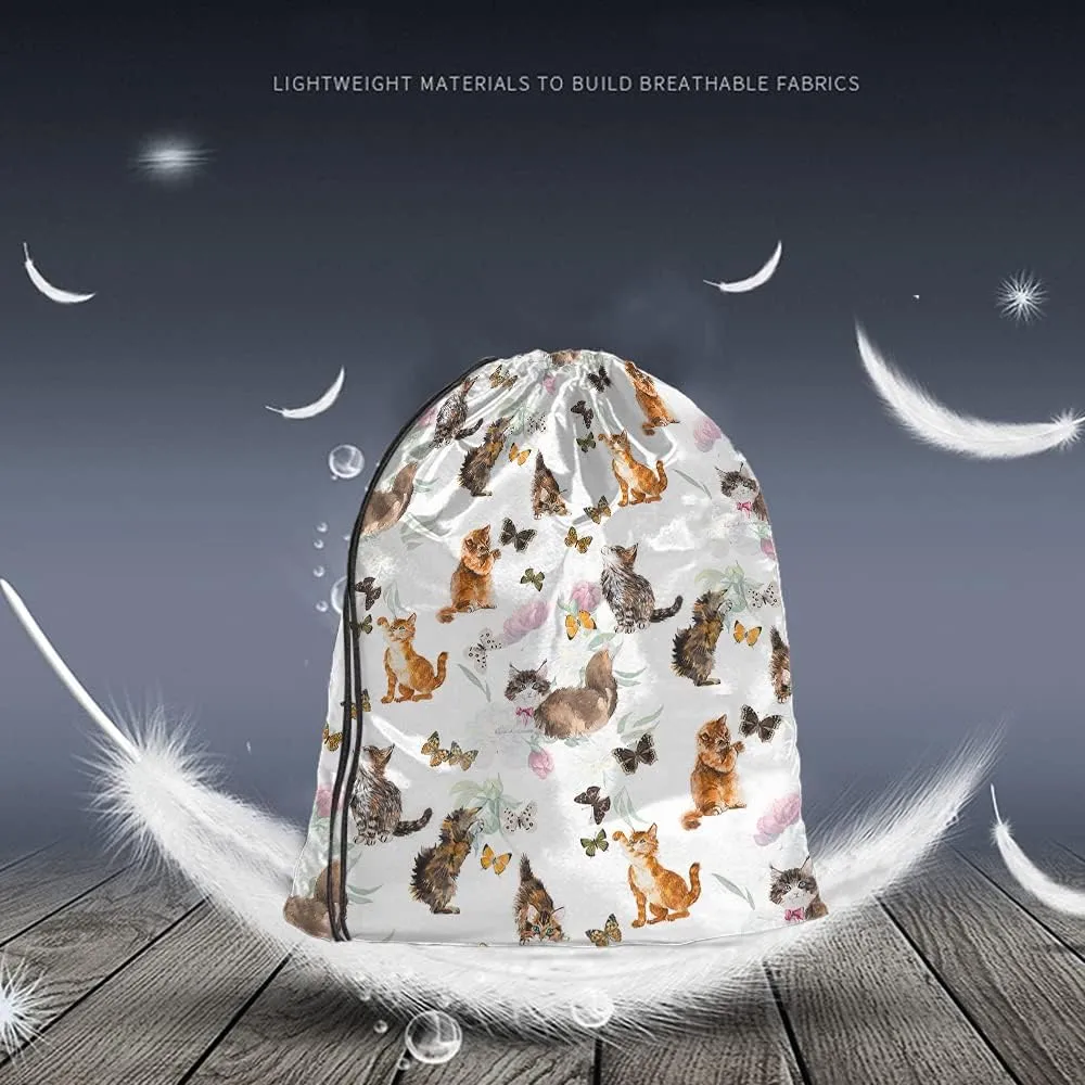 Cats And Butterflies Drawstring Bags Backpack Bag Lovely Animal Cute Little Kitten Floral Peony Hand Painted Sport Gym Sack Drawstring Bag String Bag Yoga Bag for Men Women