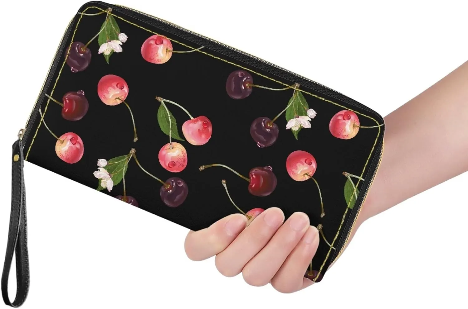 Cherry Coin Purse Pouches Y2k Wallets Womens Cute Long Card Clutch Holder Zipper Around Leather Wristlet Handbags
