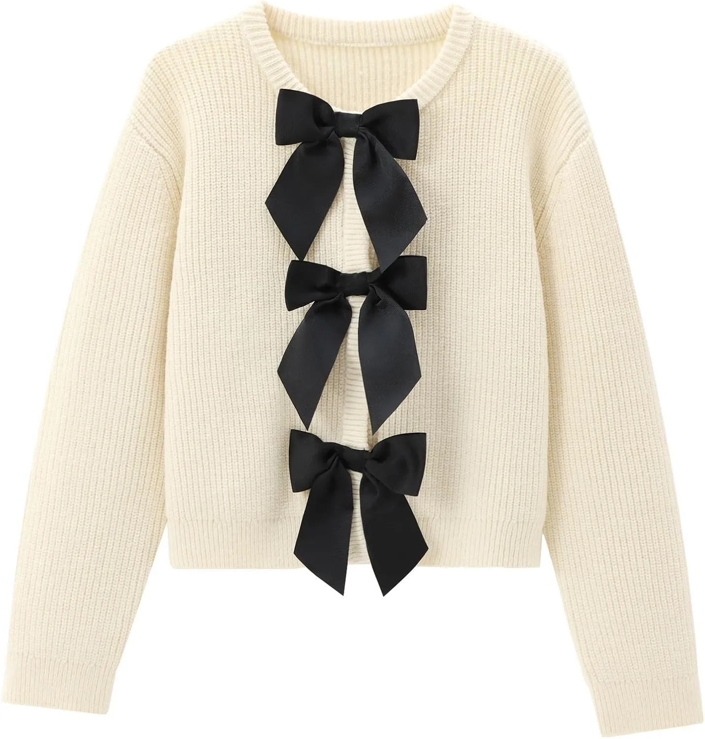 Chevara Womens Bow Tie Knitted Cardigan Y2K Long Sleeve Crew Neck Fall Sweater