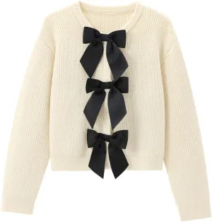 Chevara Womens Bow Tie Knitted Cardigan Y2K Long Sleeve Crew Neck Fall Sweater