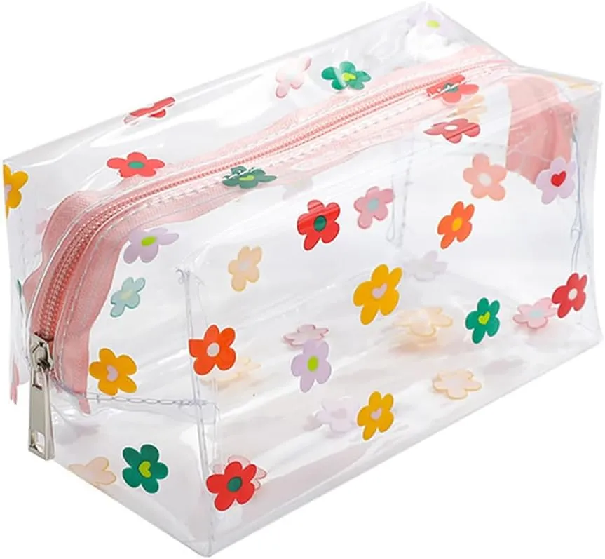 Clear Flower Print Makeup Bag Transparent Cosmetic Bag Travel Waterproof Toiletry Wash Bag Floral Zipper Pouches For Organization