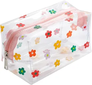 Clear Flower Print Makeup Bag Transparent Cosmetic Bag Travel Waterproof Toiletry Wash Bag Floral Zipper Pouches For Organization